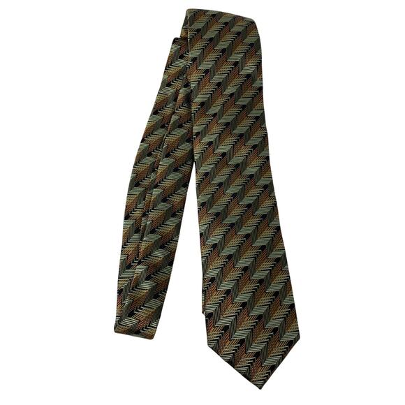 VTG Pavone Italy 100% Silk Tie Green Gold Black Geometric Herringbone Zig Zag